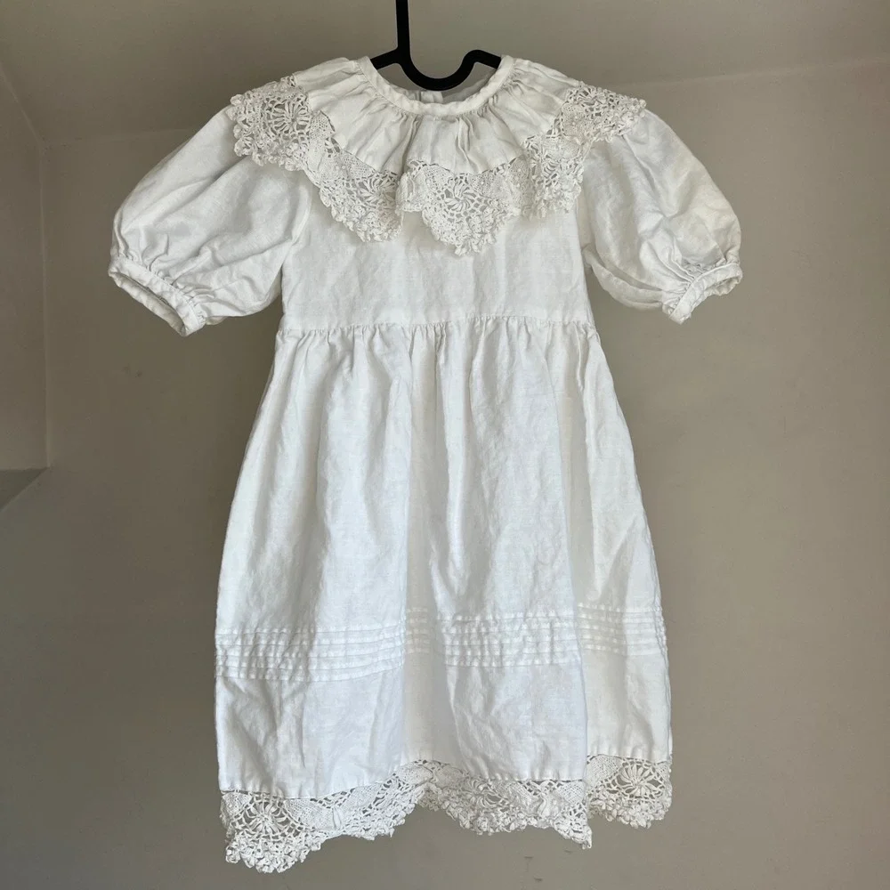 Vintage Paper White Dress Linen Cotton Lace Embroidery Cottagecore Kids Girls